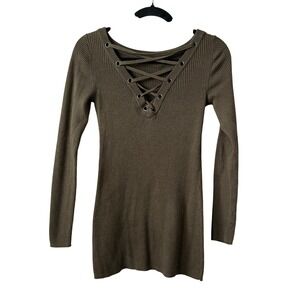 Justfab Ribbed Lace Up V-Neck Bodycon Sweater Dress Olive Green S Excellent